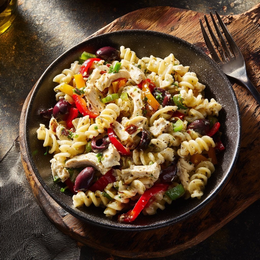 Mediterraner Nudelsalat Mit Hähnchenstreifen